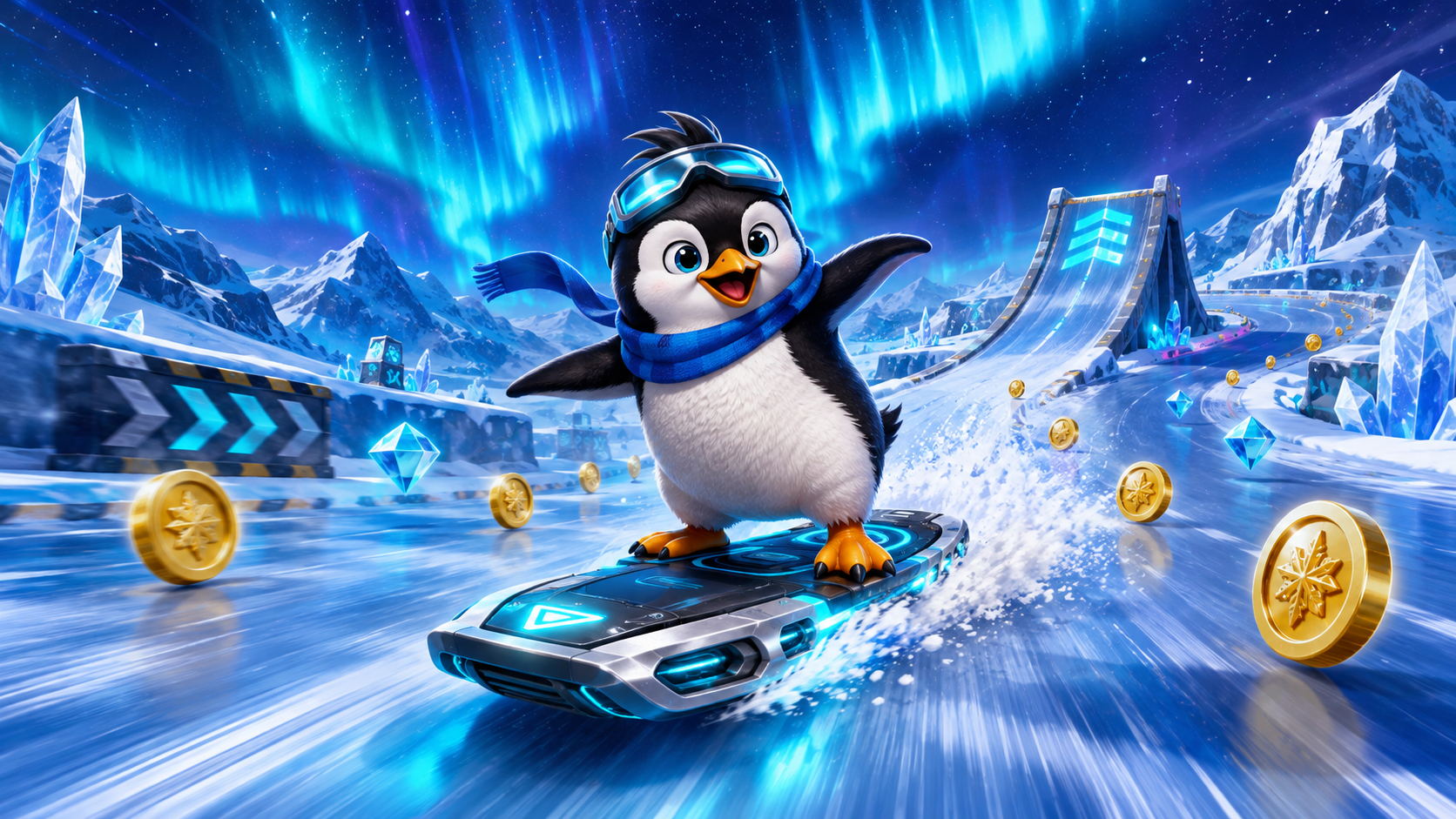 Pinguim surfando entre moedas e diamantes